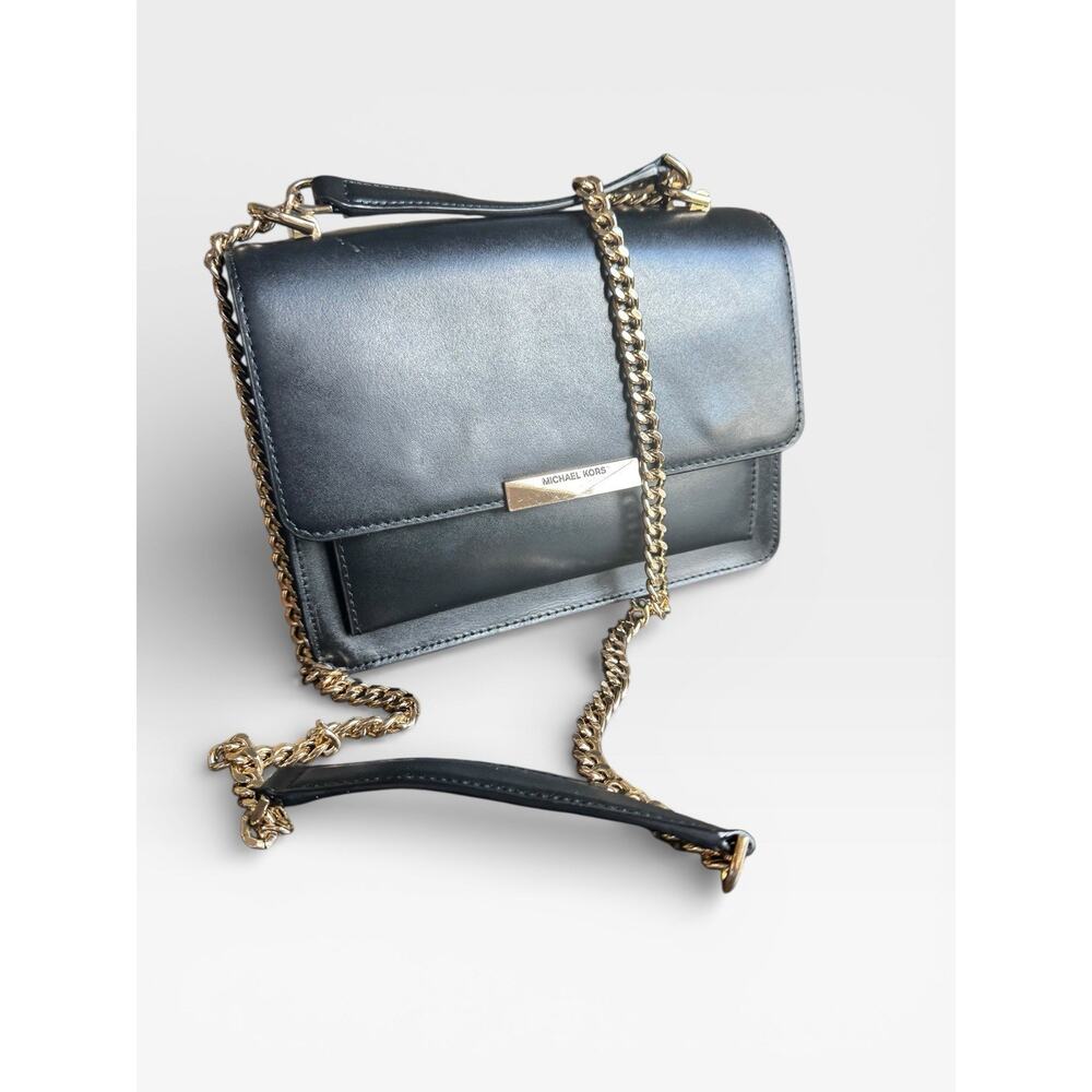 Michael Kors Jade Gusset Flap Shoulder Bag Black Leather Gold Chain